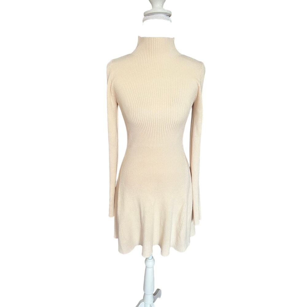 Klesis Cream Ribbed Knit Mock Neck Fit & Flare Stretch Dress Size S